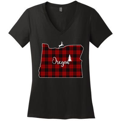 Oregon State Check Plaid Reindeer Christmas Gift For Family Women's V-Neck T-Shirt