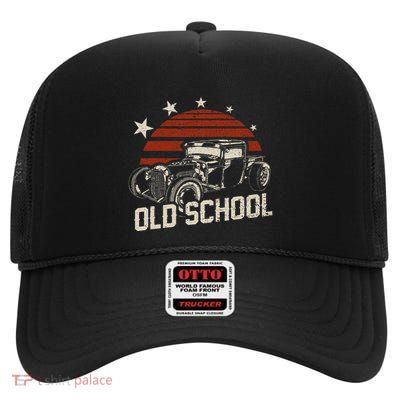 Old School Classic Car Rockabilly Hotrod High Crown Mesh Back Trucker Hat