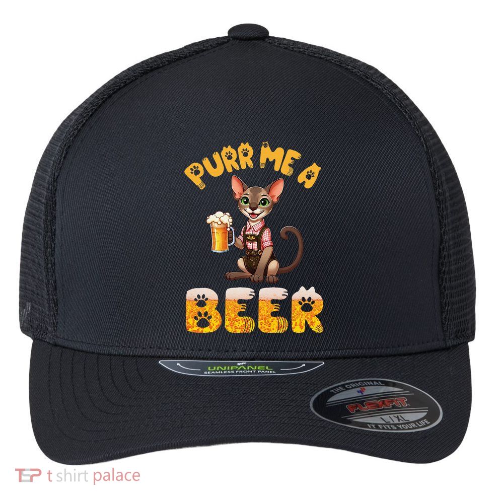 Oriental Shorthair Cat Bavarian Drinking Beer Purr Me A Beer Flexfit Unipanel Trucker Cap