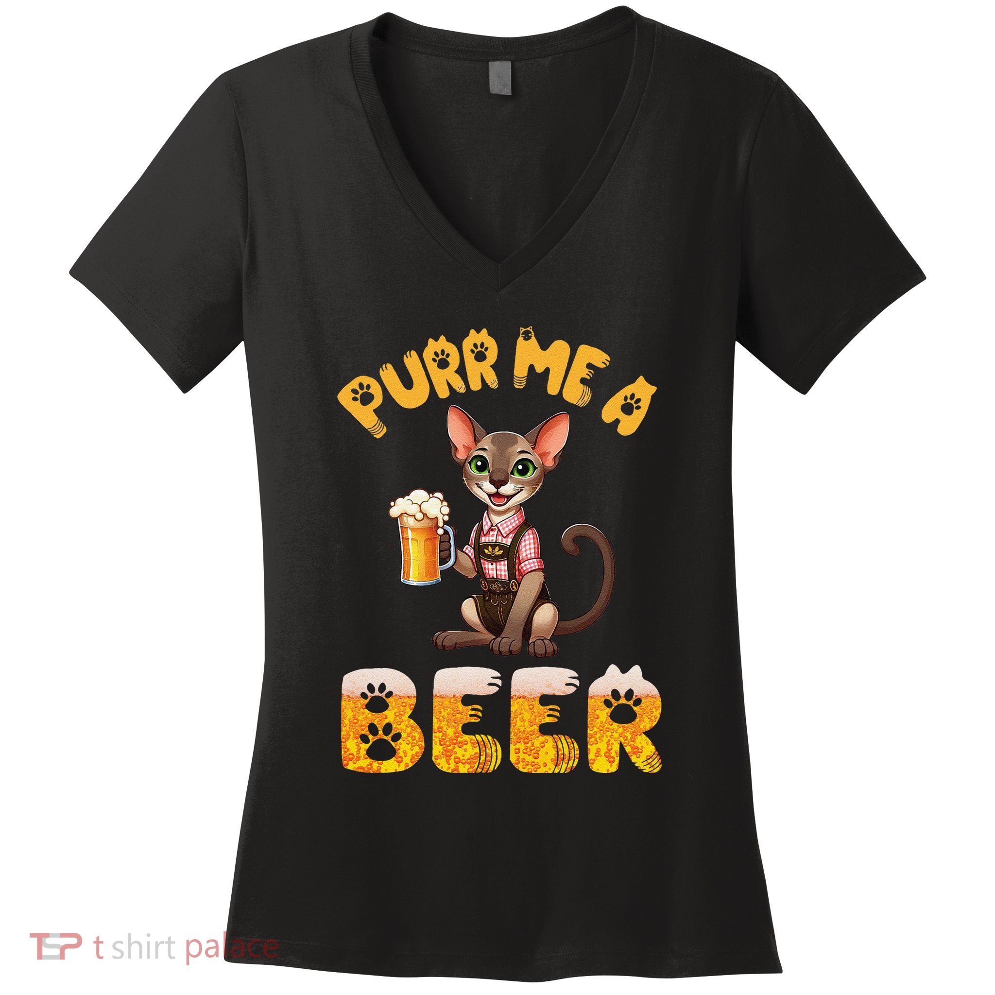 Oriental Shorthair Cat Bavarian Drinking Beer Purr Me A Beer Women's V-Neck T-Shirt