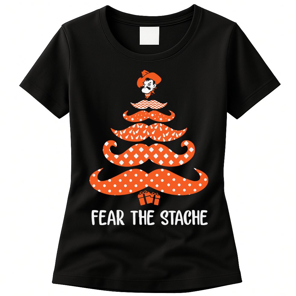 Oklahoma State Cowboys Mustache Christmas Tree Fear The Stache Beard Womens T-Shirt