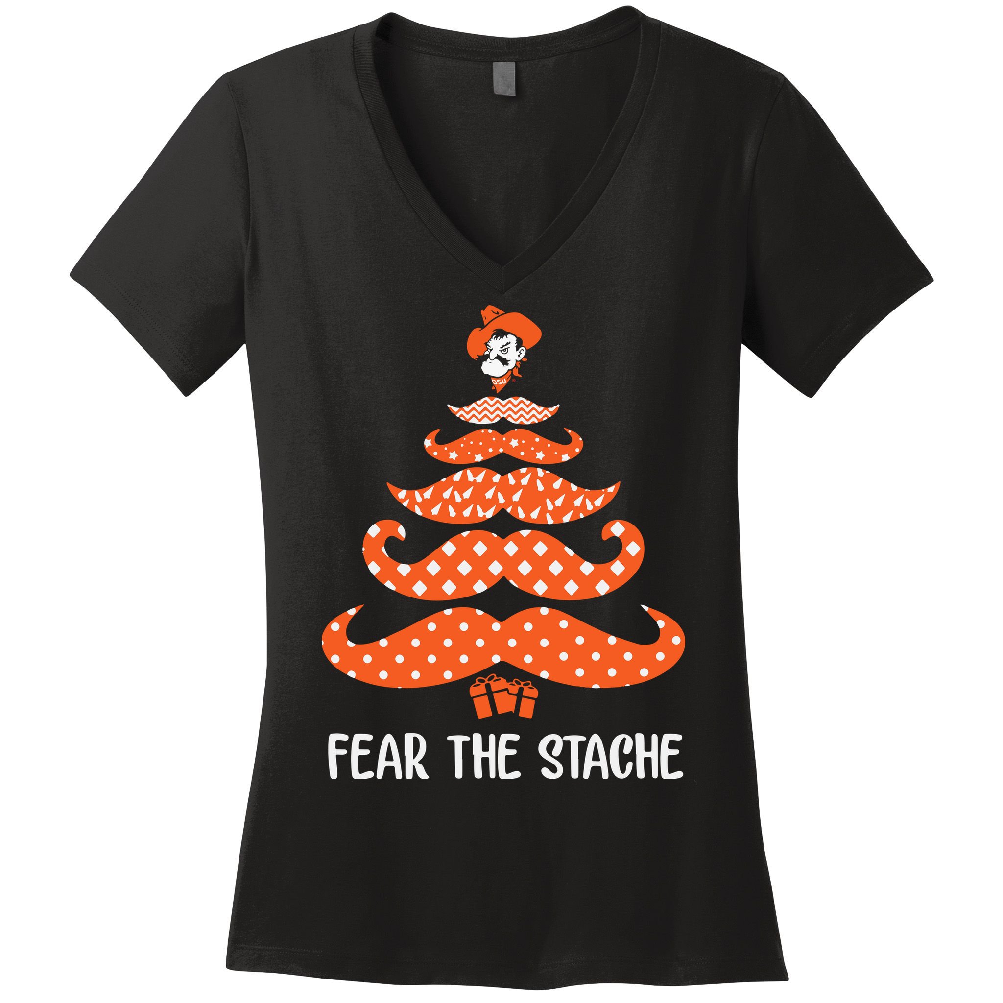 Oklahoma State Cowboys Mustache Christmas Tree Fear The Stache Beard Women's V-Neck T-Shirt