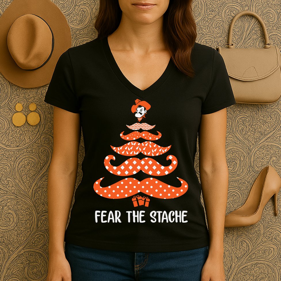 Oklahoma State Cowboys Mustache Christmas Tree Fear The Stache Beard Women's V-Neck T-Shirt
