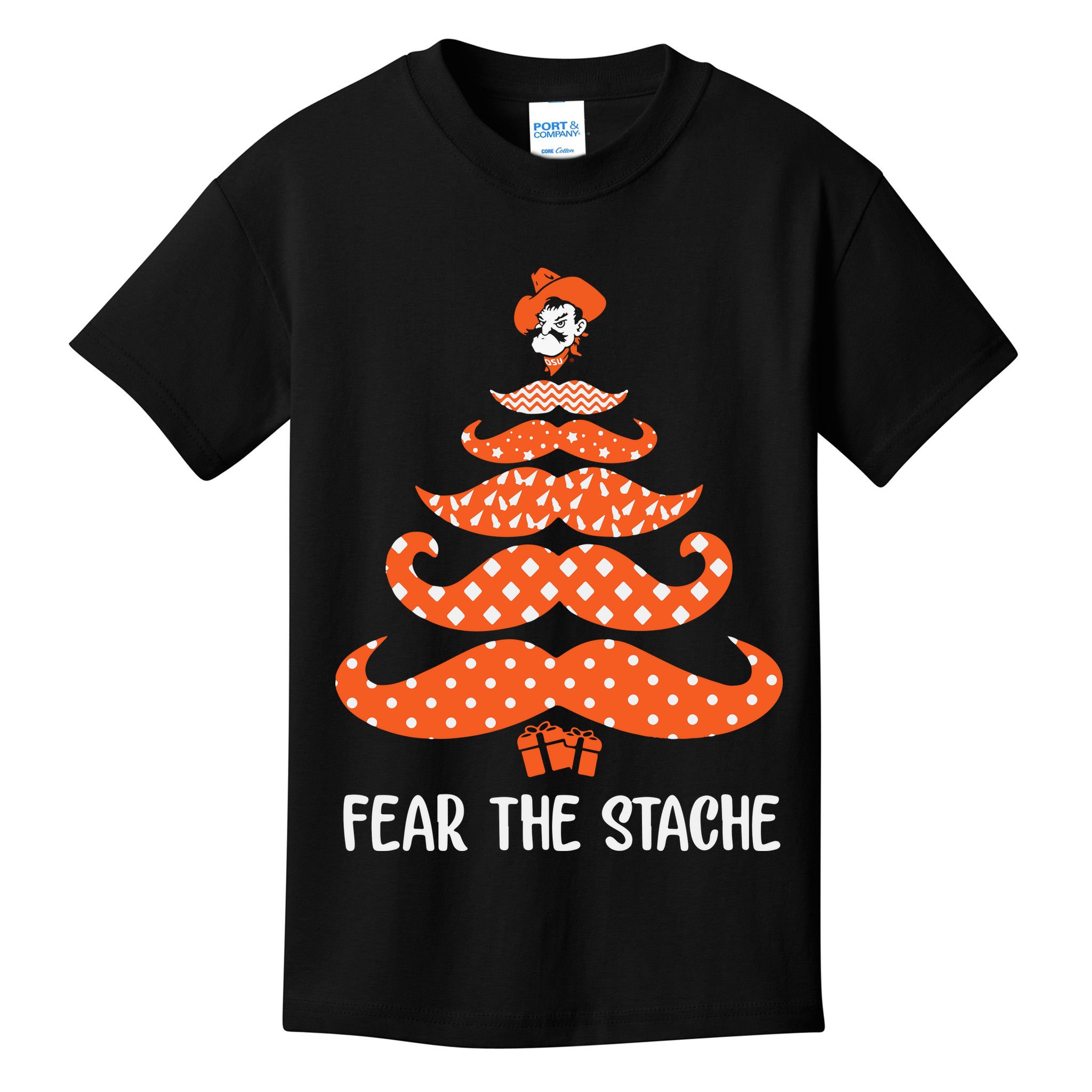 Oklahoma State Cowboys Mustache Christmas Tree Fear The Stache Beard Kids T-Shirt