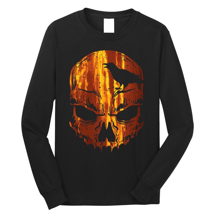 Orange Skull Crow Skeleton Horror Scary Halloween Costume Long Sleeve Shirt