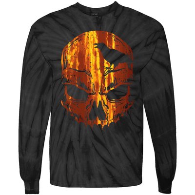 Orange Skull Crow Skeleton Horror Scary Halloween Costume Tie-Dye Long Sleeve Shirt