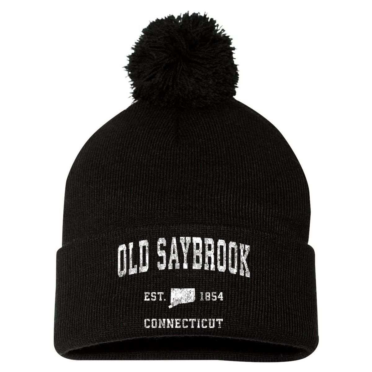 Old Saybrook Connecticut Ct Vintage Athletic Sports Pom Pom 12in Knit Beanie