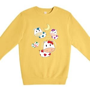 Outer Space Cute Kawaii Moo Cows Astronauts Ushi Moon Stars Great Gift Premium Crewneck Sweatshirt