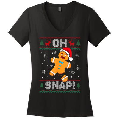 Oh Snap Gingerbread Man Cookie Christmas Funny Ugly Sweater Women's V-Neck T-Shirt