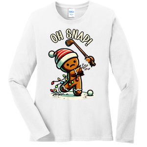 Oh Snap Gingerbreadman Golfer Golf Christmas Golfing Ladies Long Sleeve Shirt