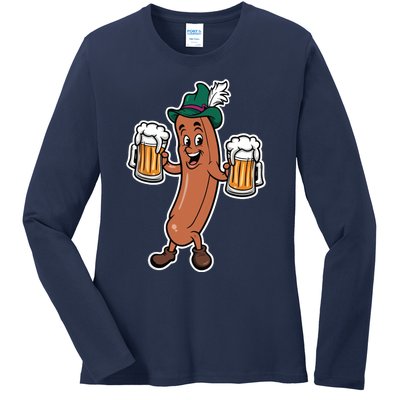 Oktoberfest Sausage Germany Lederhosen Bier Beer Ladies Long Sleeve Shirt