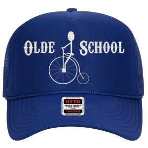 Olde School High Wheel Bike Funny Gift High Crown Mesh Back Trucker Hat