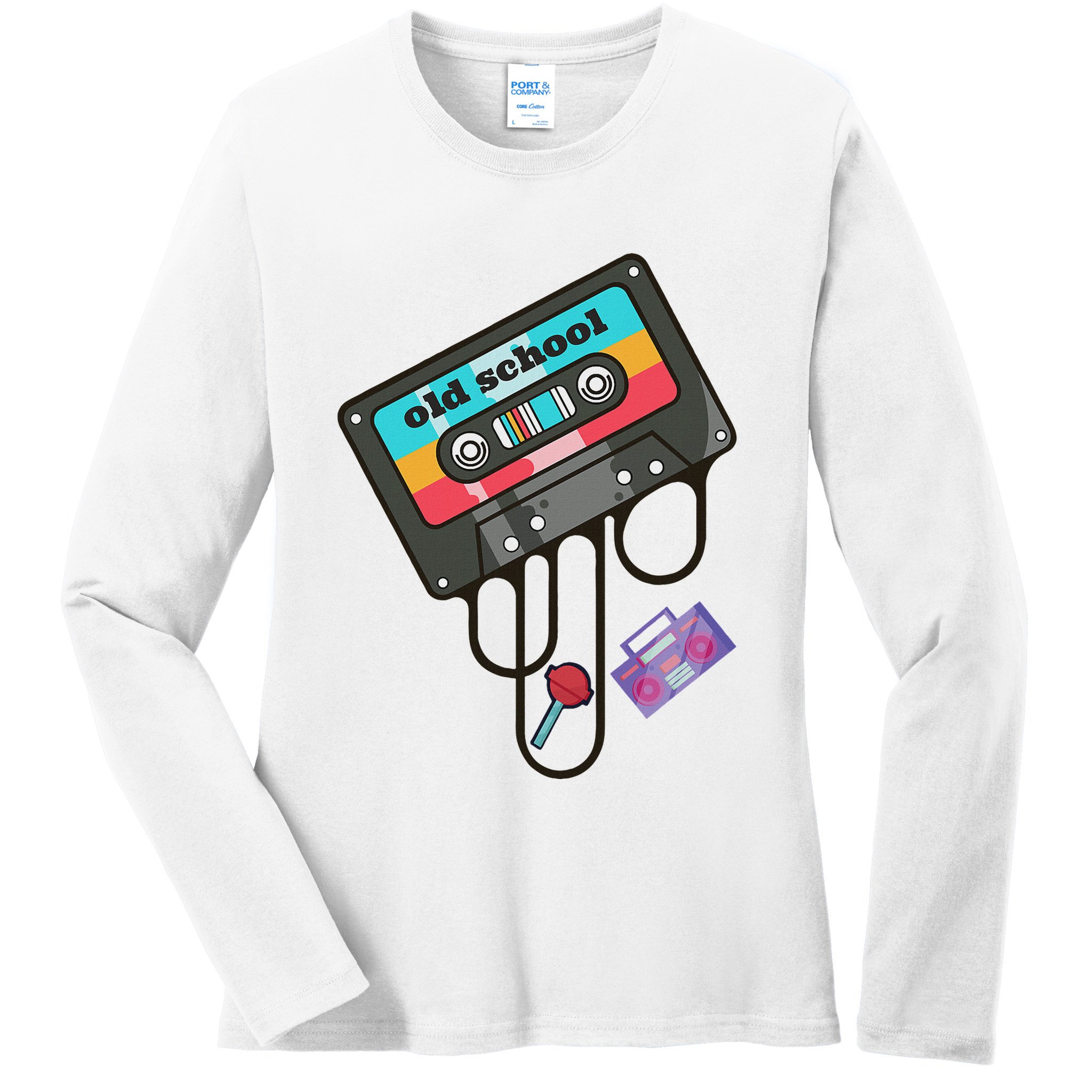 Old School Hip Hop Cassette Tape Retro 80s 90s Rap Mixtape Ladies Long Sleeve Shirt