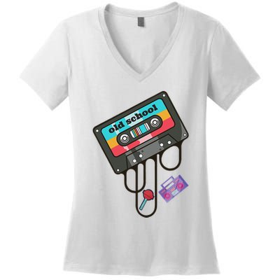 Old School Hip Hop Cassette Tape Retro 80s 90s Rap Mixtape Women's V-Neck T-Shirt