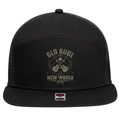 Old Soul In A New World Country Bluegrass Music Guitar Fan 7 Panel Mesh Trucker Snapback Hat