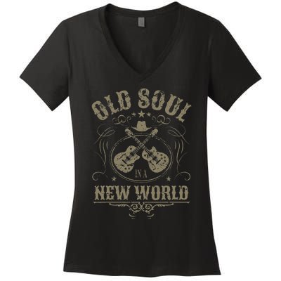 Old Soul In A New World Country Bluegrass Music Guitar Fan Women's V-Neck T-Shirt