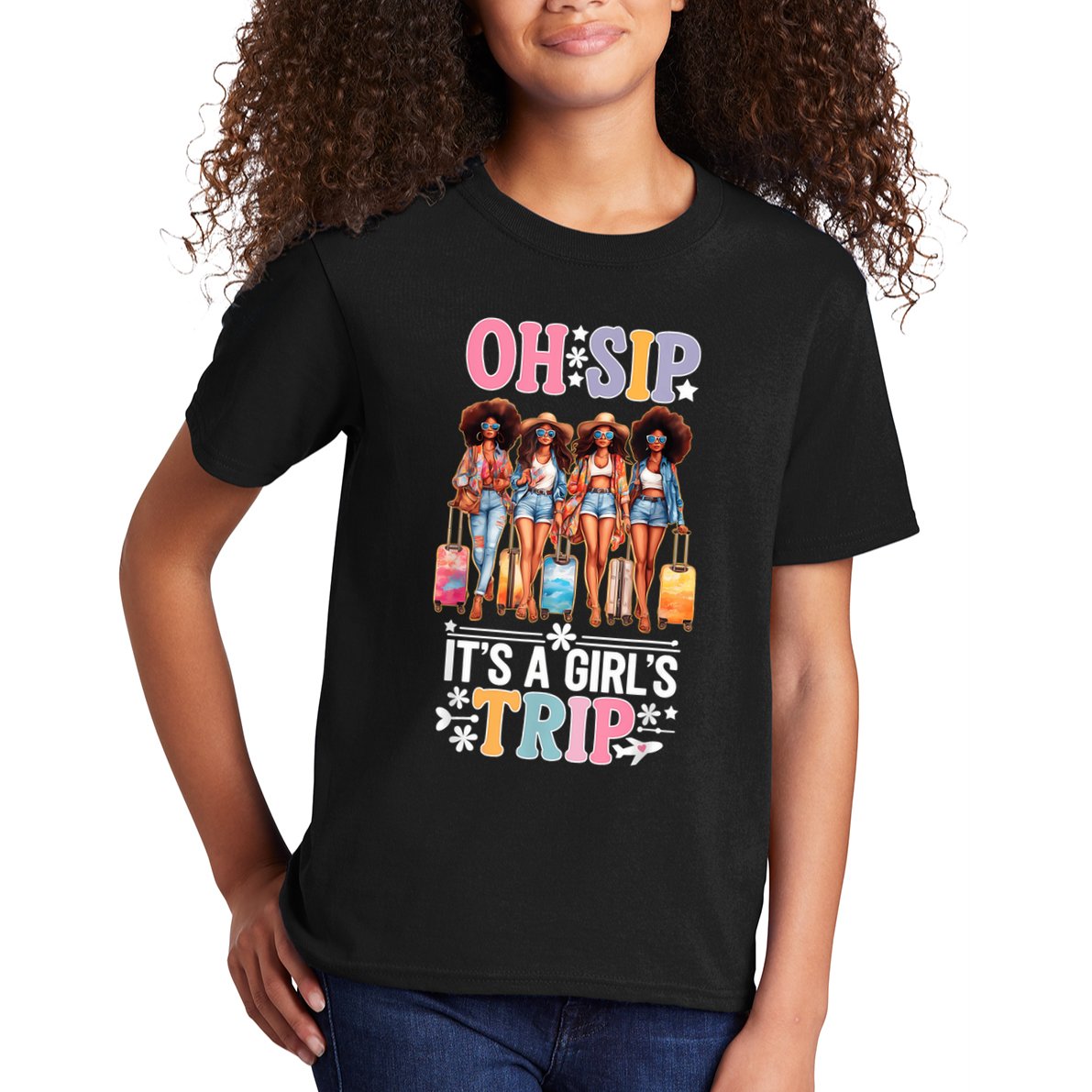 Oh Sip Its A Girl Trip Funny Party Black Women Queen Kids T-Shirt