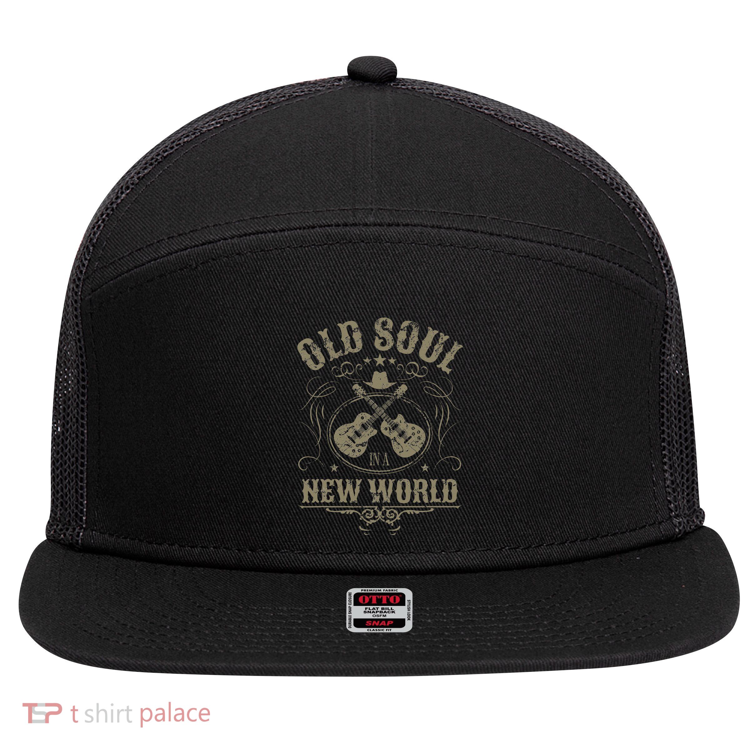 Old Soul In A New World Country Bluegrass Music Guitar Fan 7 Panel Mesh Trucker Snapback Hat