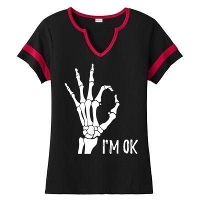 Ok Sign I'm Ok Skeleton Hand Halloween Costume Idea Ladies Halftime Notch Neck Tee