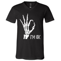 Ok Sign I'm Ok Skeleton Hand Halloween Costume Idea V-Neck T-Shirt