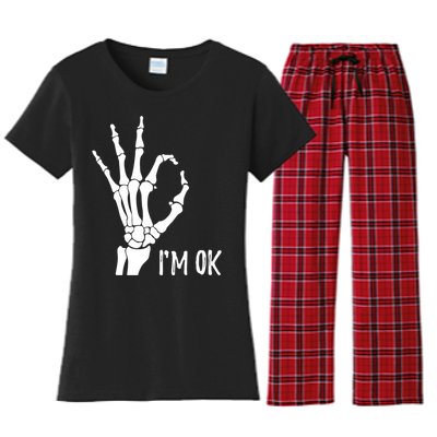 Ok Sign I'm Ok Skeleton Hand Halloween Costume Idea Women's Flannel Pajama Set