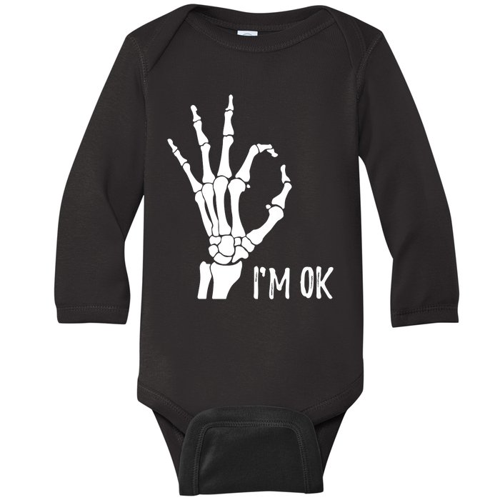 Ok Sign I'm Ok Skeleton Hand Halloween Costume Idea Baby Long Sleeve Bodysuit