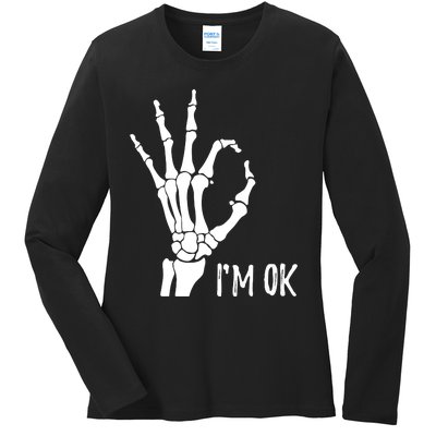 Ok Sign I'm Ok Skeleton Hand Halloween Costume Idea Ladies Long Sleeve Shirt