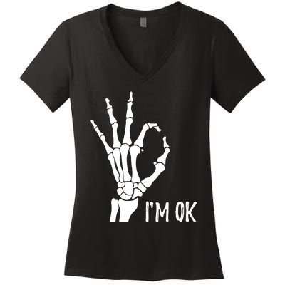 Ok Sign I'm Ok Skeleton Hand Halloween Costume Idea Women's V-Neck T-Shirt