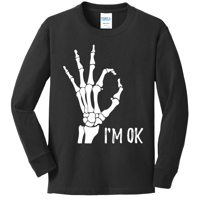 Ok Sign I'm Ok Skeleton Hand Halloween Costume Idea Kids Long Sleeve Shirt