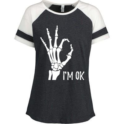 Ok Sign I'm Ok Skeleton Hand Halloween Costume Idea Enza Ladies Jersey Colorblock Tee