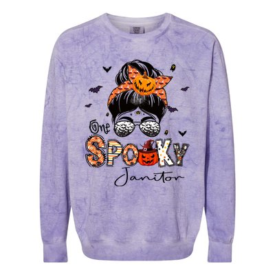 One Spooky Janitor Messy Bun Witch Pumpkin Halloween Cute Gift Colorblast Crewneck Sweatshirt