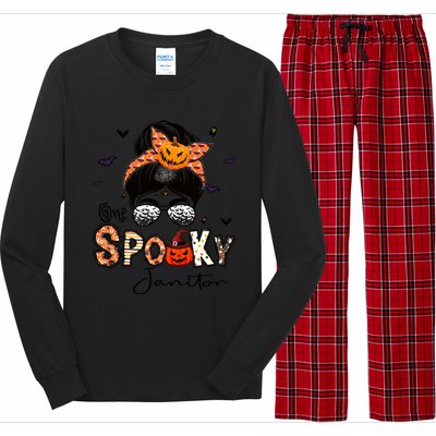 One Spooky Janitor Messy Bun Witch Pumpkin Halloween Cute Gift Long Sleeve Pajama Set