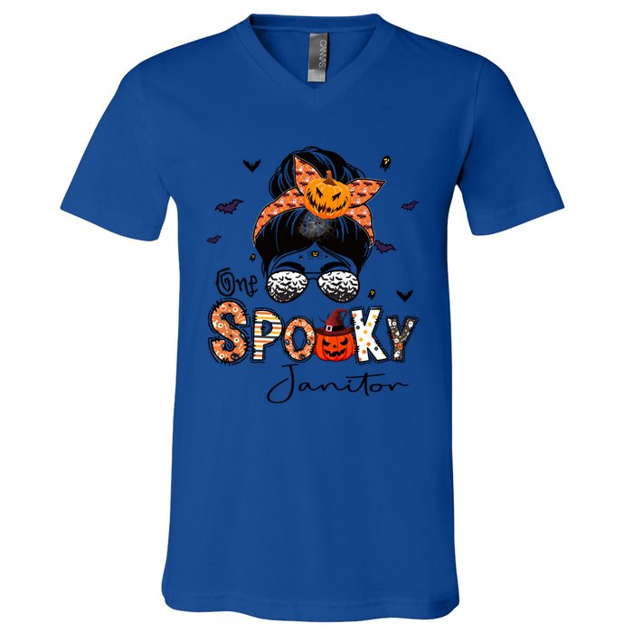 One Spooky Janitor Messy Bun Witch Pumpkin Halloween Cute Gift V-Neck T-Shirt