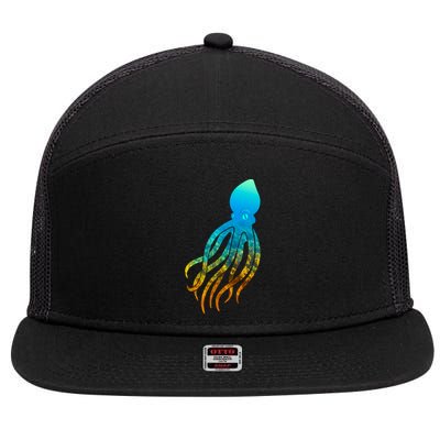 Octopus Squid Lovers Silhouette Earth Day And Ocean Week Gift 7 Panel Mesh Trucker Snapback Hat