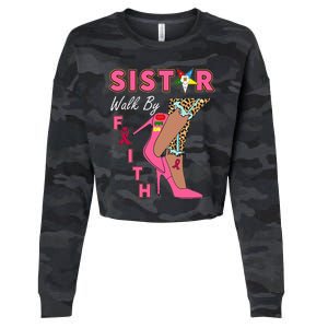 OES SiStar Leopard Walk By Faith Breast Cancer Awareness Cropped Pullover Crew