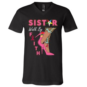 Oes Sistar Leopard Walk By Faith Breast Cancer V-Neck T-Shirt