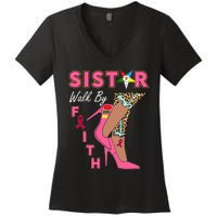 Oes Sistar Leopard Walk By Faith Breast Cancer Women's V-Neck T-Shirt