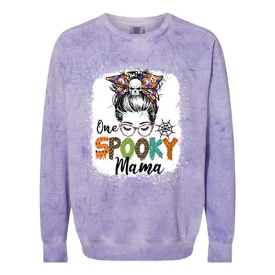 One Spooky Mama Halloween Messy Bun Skull Funny Mom Life Gift Colorblast Crewneck Sweatshirt