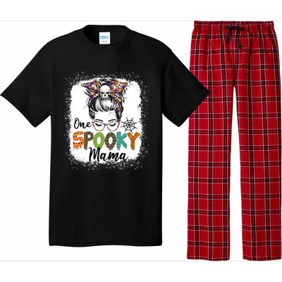 One Spooky Mama Halloween Messy Bun Skull Funny Mom Life Gift Pajama Set