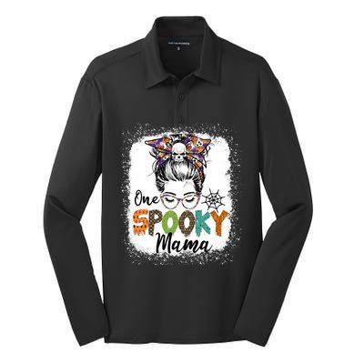 One Spooky Mama Halloween Messy Bun Skull Funny Mom Life Gift Silk Touch Performance Long Sleeve Polo