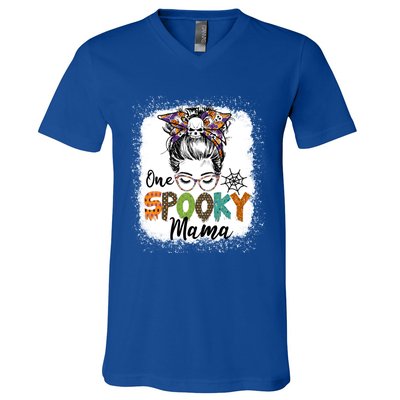 One Spooky Mama Halloween Messy Bun Skull Funny Mom Life Gift V-Neck T-Shirt