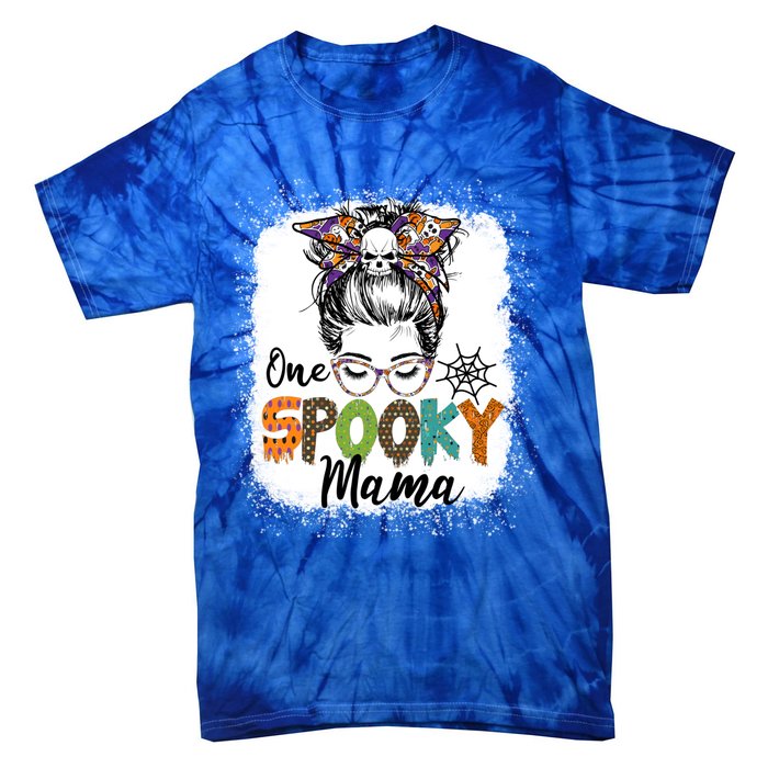 One Spooky Mama Halloween Messy Bun Skull Funny Mom Life Gift Tie-Dye T-Shirt