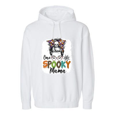 One Spooky Mama Halloween Messy Bun Skull Funny Mom Life Gift Garment-Dyed Fleece Hoodie