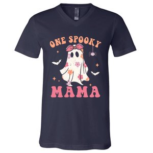 One Spooky Mama Retro Halloween Trick Or Treat Spooky Ghost V-Neck T-Shirt