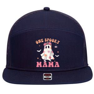 One Spooky Mama Retro Halloween Trick Or Treat Spooky Ghost 7 Panel Mesh Trucker Snapback Hat