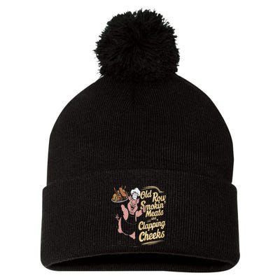 Old.Row Smokin Meats And Clapping Cheeks Funny Bbq Pom Pom 12in Knit Beanie