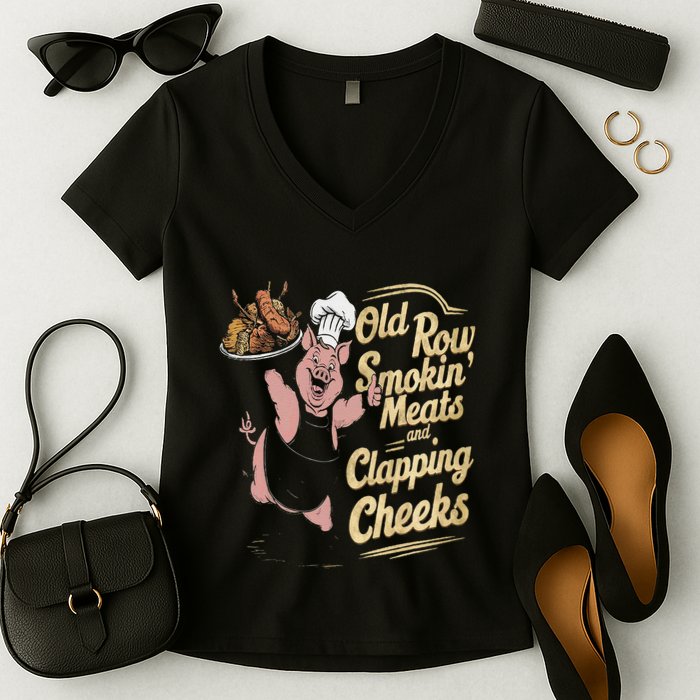 Old.Row Smokin Meats And Clapping Cheeks Funny Bbq Women's V-Neck T-Shirt