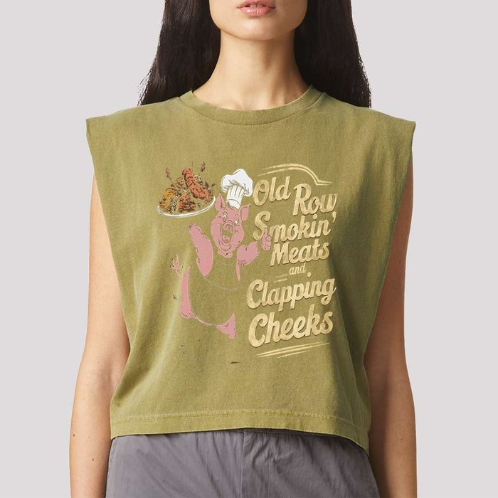 Old.Row Smokin Meats And Clapping Cheeks Funny Bbq Garment-Dyed Women's Muscle Tee