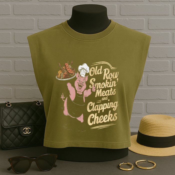 Old.Row Smokin Meats And Clapping Cheeks Funny Bbq Garment-Dyed Women's Muscle Tee