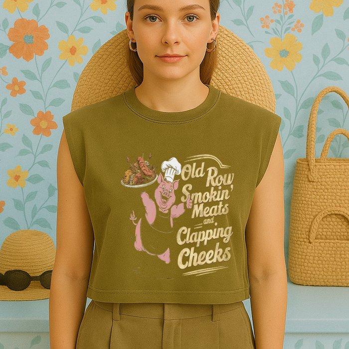 Old.Row Smokin Meats And Clapping Cheeks Funny Bbq Garment-Dyed Women's Muscle Tee